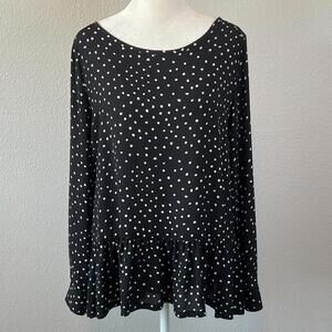 Loft Polka Dot Long Sleeve Blouse Ruffle Hem Black/Ivory Size XS